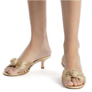 Larroude Valerie Strappy Mules Sandals Kitten Heel Metallic Leather Gold SZ US 8